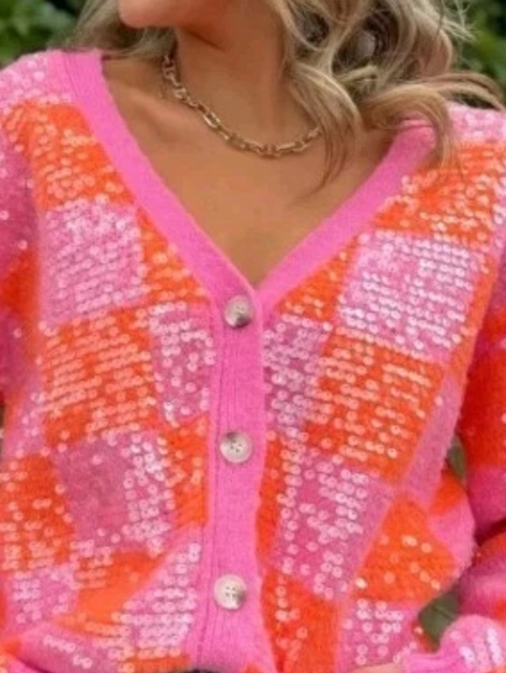 Bibi V-Neck Cardigan Sweater Sz XL Pink Orange Checkerboard Clear Sequined Nwt - Picture 2 of 12